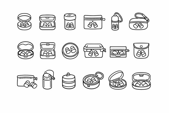 Black and white icon set of earbuds in various cases and containers