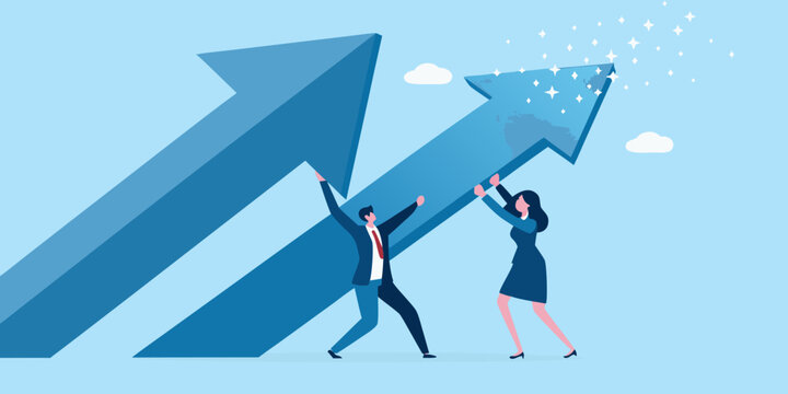 Teamwork and growth people pushing a large arrow upwards toward success