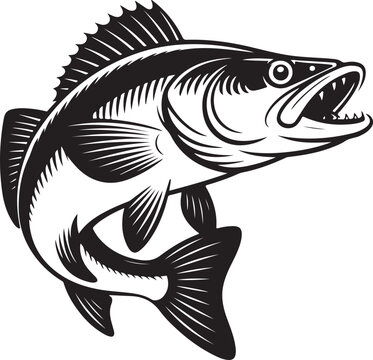 A detailed black and white illustration of a walleye fish head and body