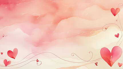 Pink hearts on watercolor background with swirling lines