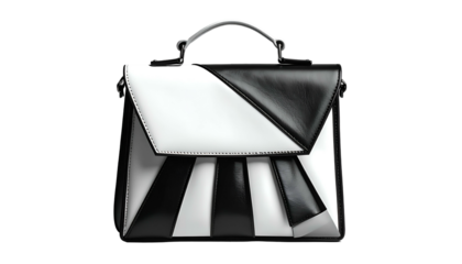 Geometric black and white handbag with metal handle on black background
