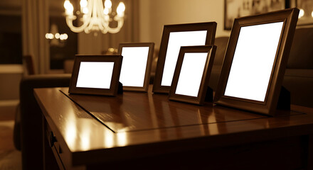 Empty Picture Frames on Wooden Table in Dimly Lit Living Room