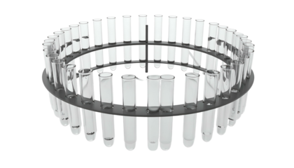 A circular rack holds multiple clear, cylindrical tubes, positioned for scientific analysis