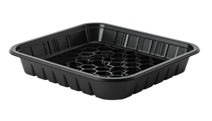 A black plastic tray with hexagonal patterned base and ridged sides, isolated on black