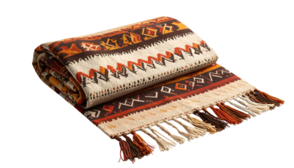 Rolled patterned blanket with geometric designs, fringe, and a warm color palette