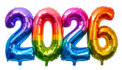Vibrant, rainbow-colored foil balloons forming the year 2026, set against a black backdrop
