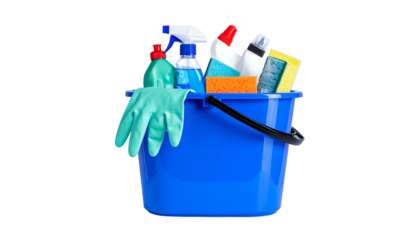A blue bucket overflows with cleaning supplies, including spray bottles, gloves, and sponges