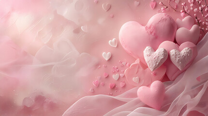 Pink hearts on white fabric with cherry blossoms