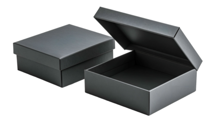 Two matte black gift boxes, one open, one closed, isolated on a black background