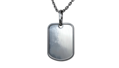 Metallic dog tag on chain, centered on black. Highly reflective surface