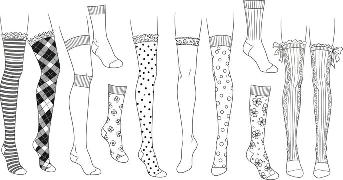 Collection of various styles of women's hosiery including thigh highs knee socks and ankle socks presented in outline drawing format