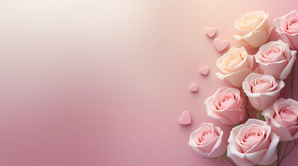 Pink roses and hearts on gradient background light pink roses