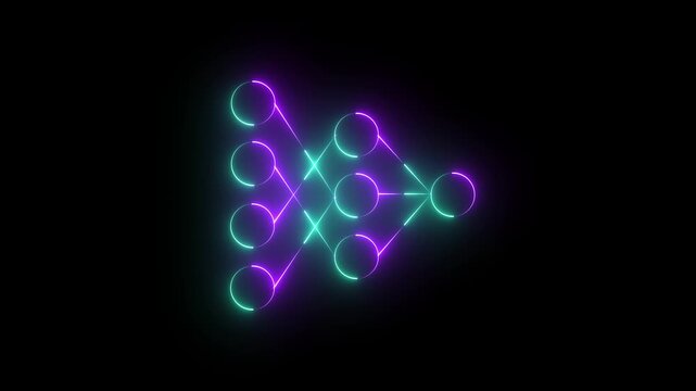 Neon blockchain network icon glowing with connected nodes and futuristic digital technology, abstract data structure concept on dark background.
