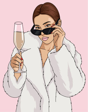 Luxurious Woman Wearing a White Fur Coat and Sunglasses, Holding a Champagne Flute Isolated on Pink Background