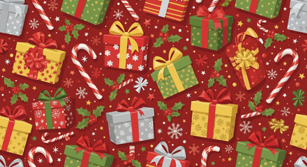 Seamless christmas pattern with colorful gift boxes, candy canes, holly leaves, and snowflakes on red background