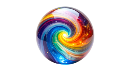 A glossy sphere with vibrant, swirling colors resembling a cosmic galaxy