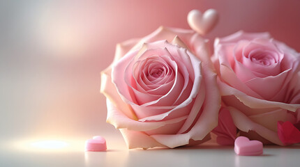 Pink roses with heart shaped candies on white surface