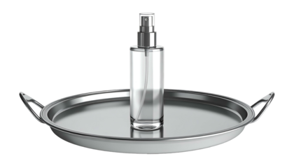 Clear spray bottle on a polished, silver-rimmed tray, isolated on a black background