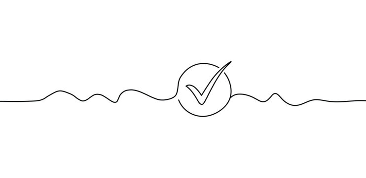Continuous line drawing of a check mark inside a circle a wavy line