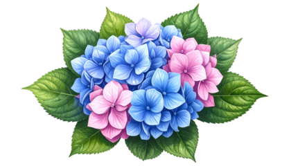 Watercolor depiction of a vibrant, multi-colored hydrangea bloom and lush green leaves