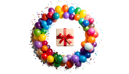 A gift box centered inside a rainbow-colored balloon wreath, isolated on black