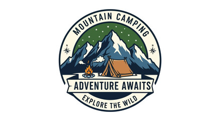 Mountain camping adventure logo with tent and campfire in wilderness exploration theme