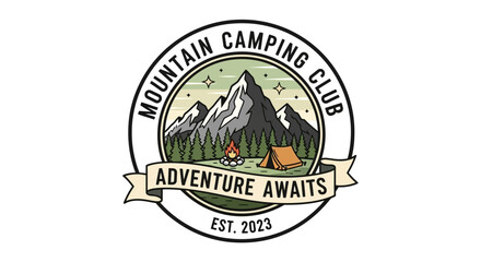 Mountain camping club emblem with tent, campfire, and mountains, adventure awaits label, established 2023