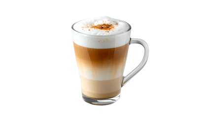 Clear mug showing layered beverage with froth and garnish, isolated on black