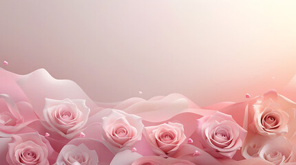 Pink roses with wavy petals and hearts on gradient background