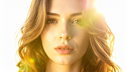 Fototapeta premium A young woman's face illuminated by a bright light from the side, capturing her serene expression