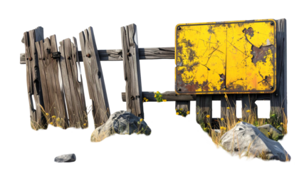 Weathered wooden fence with a faded, rusty yellow sign, grass, and rocks