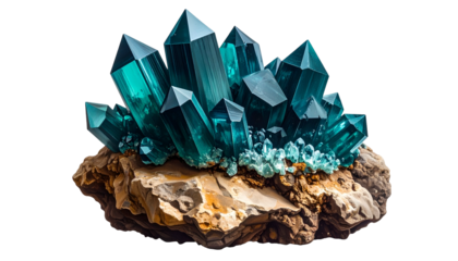 Vibrant, jewel-toned crystals erupt from a rough, brown stone base against a dark backdrop