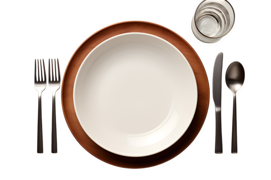 Elegant table setting with empty plate and silverware on black - Powered by Adobe