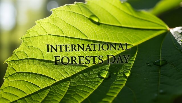 Close up of vibrant green leaf with water droplets and text for forest day - Powered by Adobe