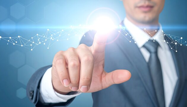 Businessman in suit interacting with virtual interface technology  futuristic concept - Powered by Adobe