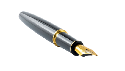 Angled close-up of a classic fountain pen with a gold nib and a black barrel