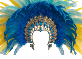 Vibrant blue and gold feathered headdress on white isolated on transparent background