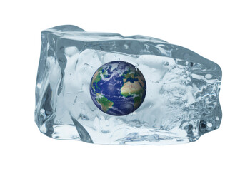 Earth globe trapped in ice cube on transparent background