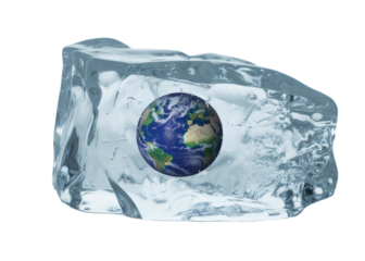 Earth globe trapped in ice cube on transparent background