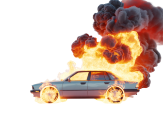 Car on fire with explosion isolated on transparent background