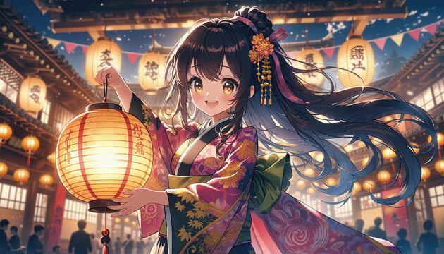 Vibrant Anime Style Festival Lantern Night Portrait.