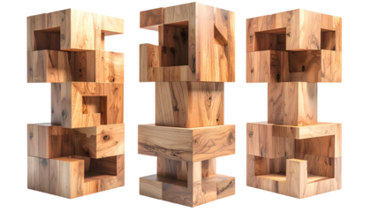 Three stylized wooden sculptures with cut-out geometric forms, on a black background