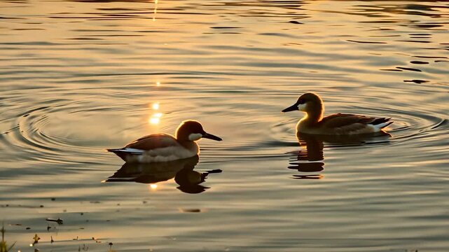 Two ducks glide on the shimmering water, surrounded by ripples reflecting the golden light. These ducks create a peaceful scene, as the sunset casts a warm glow across the water.