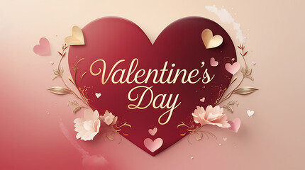 Valentines Day heart with flowers and gold text on pink background
