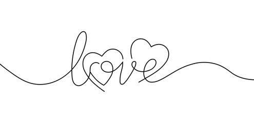 Continuous line drawing of the word love with heart shapes integrated