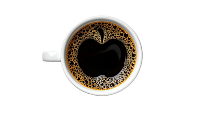 Overhead shot of a white coffee cup filled with dark coffee, apple-shaped foam design