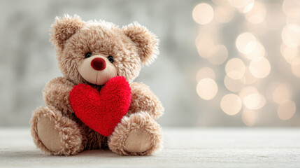 Teddy bear holding a red heart on a soft background, classic Valentines gift concept