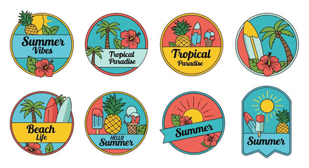 Collection of colorful summer themed stickers with tropical elements and text on white background