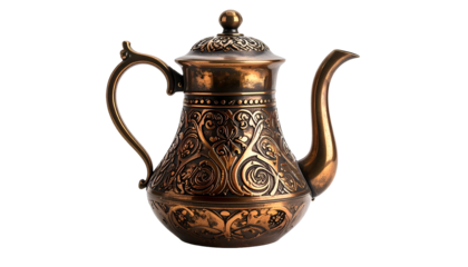 Ornate copper-toned teapot with intricate floral designs, handle, spout, and lid knob