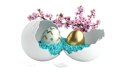 Easter scene of decorated eggs in broken shells with pink cherry blossoms